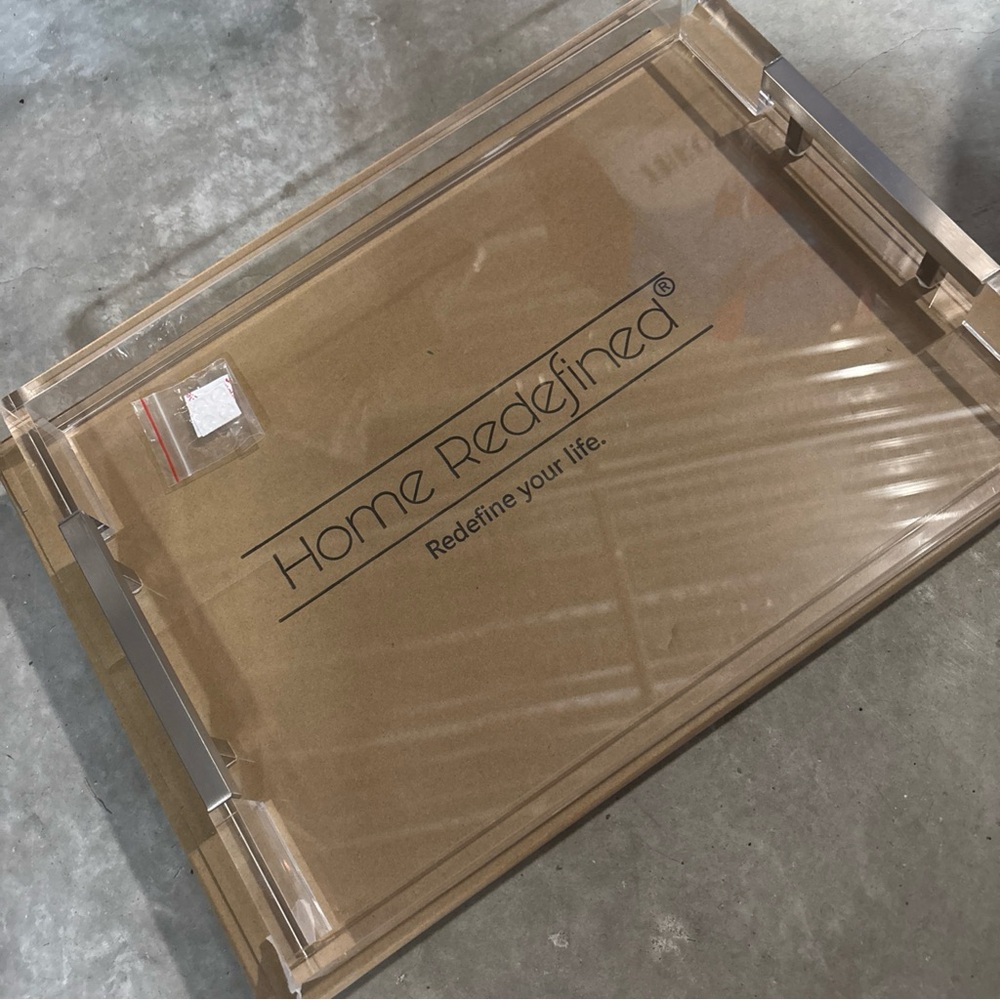 Rectangle 16”x12” Clear Acrylic tray with silver stainless metal handles